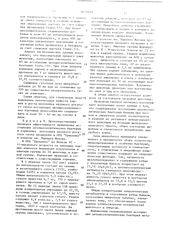 Ассоциация микроорганизмов для скармливания молодняку крупного рогатого скота (патент 1671693)