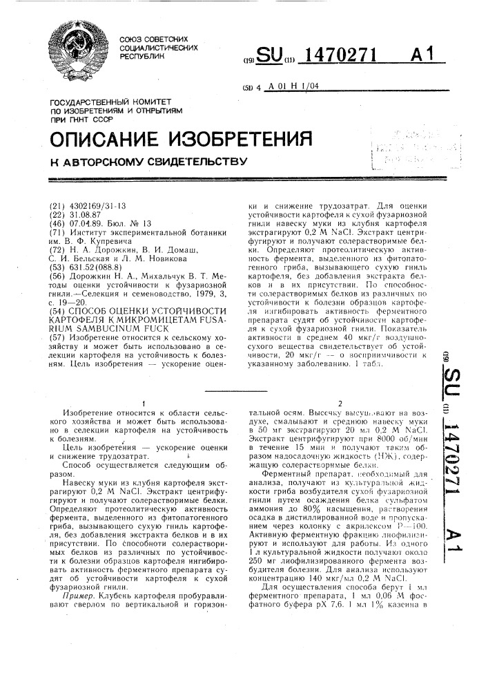 Способ оценки устойчивости картофеля к микромицетам fusаriuм sамвuсinuм fuск (патент 1470271)