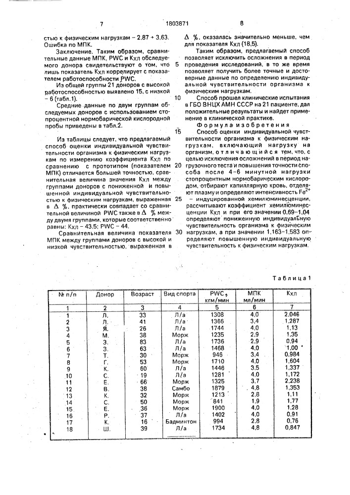 Способ оценки индивидуальной чувствительности организма к физическим нагрузкам (патент 1803871)