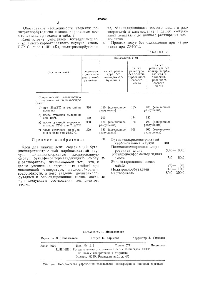 Клей для липких лент (патент 423829)