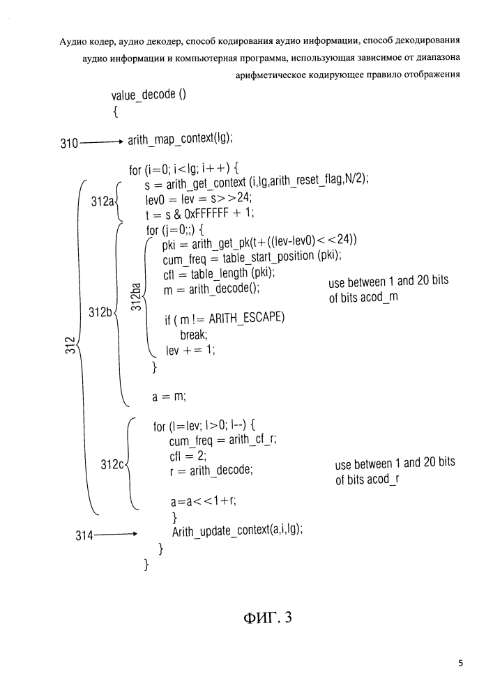 Аудио кодер, аудио декодер, способ кодирования аудио информации, способ декодирования аудио информации и компьютерная программа, использующая зависимое от диапазона арифметическое кодирующее правило отображения (патент 2596596)
