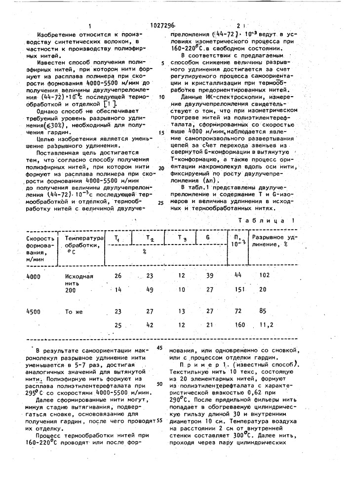 Способ получения полиэфирных нитей (патент 1027296)