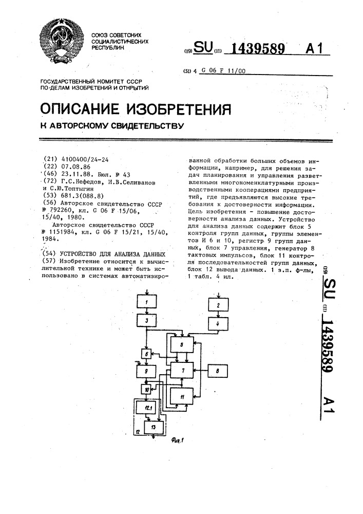 Устройство для анализа данных (патент 1439589)