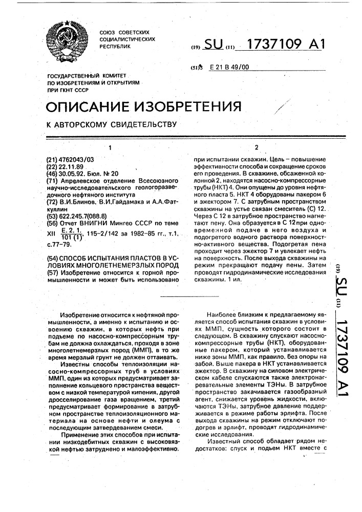 Способ испытания пластов в условиях многолетнемерзлых пород (патент 1737109)