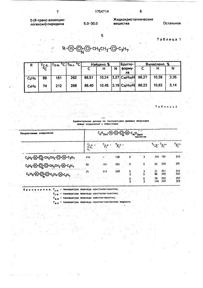 Производные 5-(4-транс-алкилциклогексил)пиридинов в качестве компонентов жидкокристаллического материала и жидкокристаллический материал для электрооптических устройств (патент 1754714)