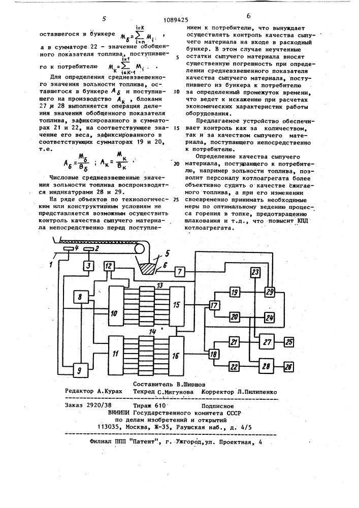 Устройство для определения весового расхода и контроля качества сыпучего материала (патент 1089425)