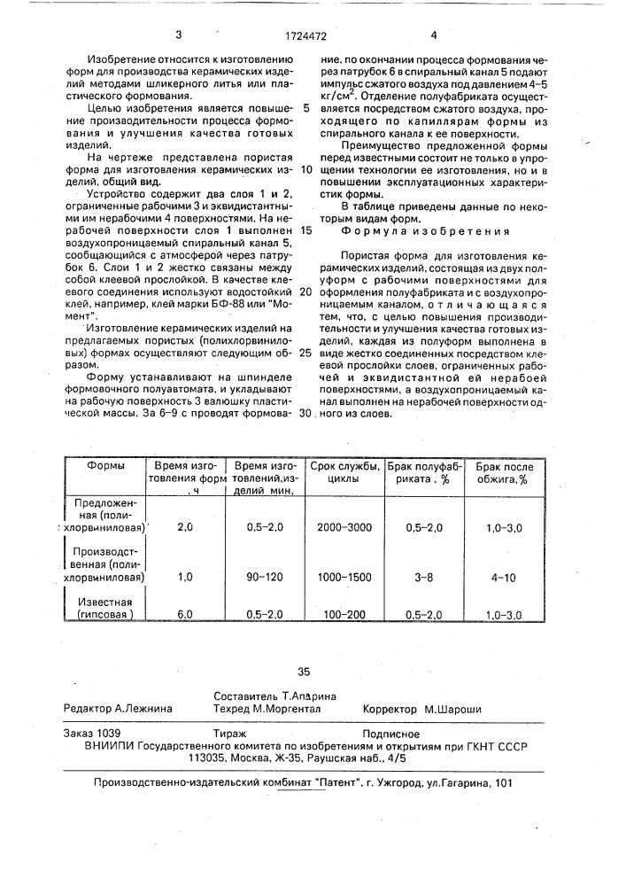 Пористая форма для изготовления керамических изделий (патент 1724472)