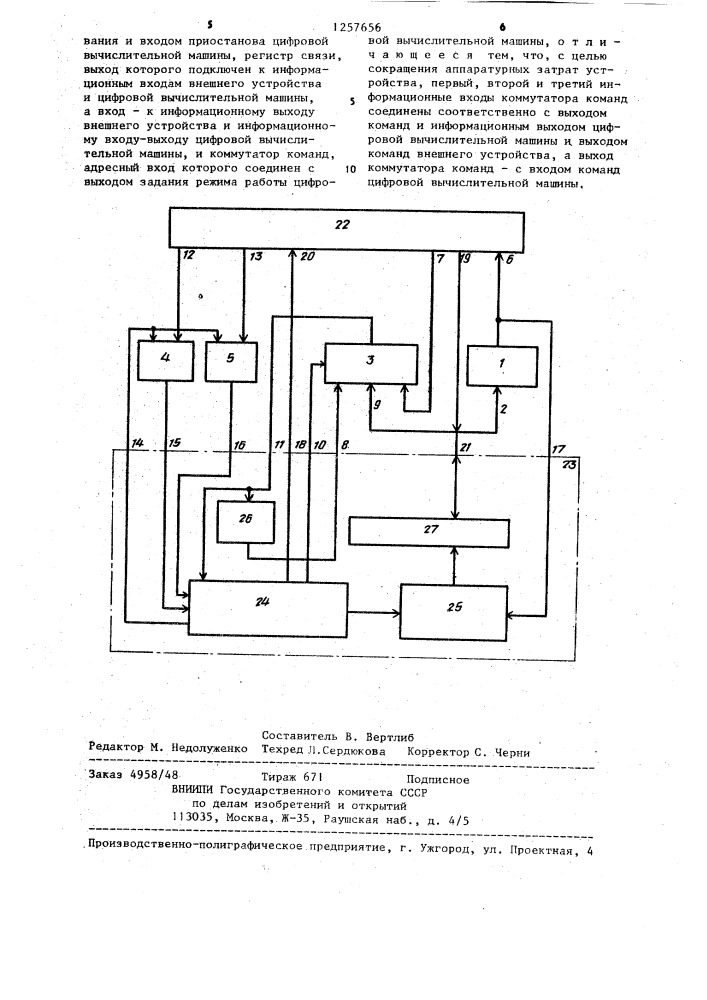 Устройство для сопряжения цифровой вычислительной машины с внешним устройством (патент 1257656)