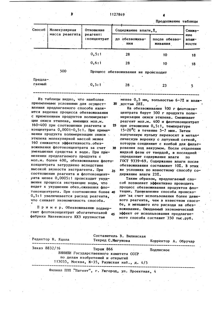 Способ обезвоживания флотоконцентрата (патент 1127849)