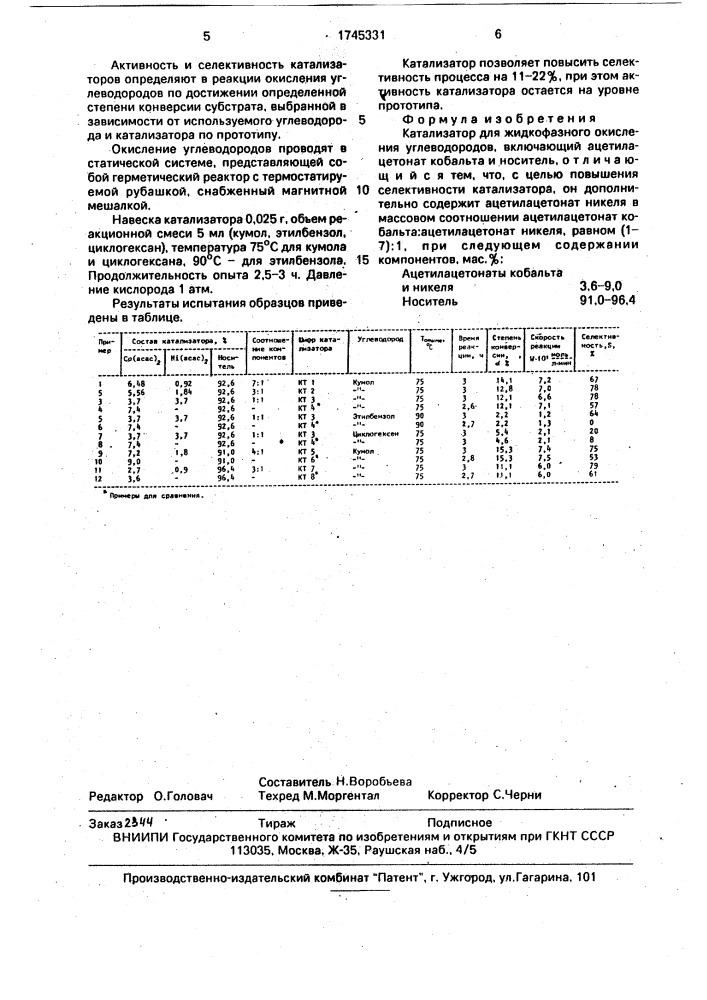 Катализатор для жидкофазного окисления углеводородов (патент 1745331)