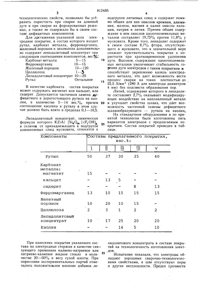 Состав электродного покрытия (патент 812485)