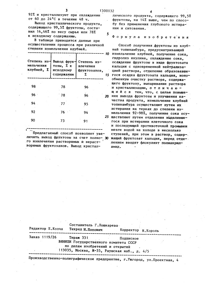 Способ получения фруктозы из клубней топинамбура (патент 1300032)