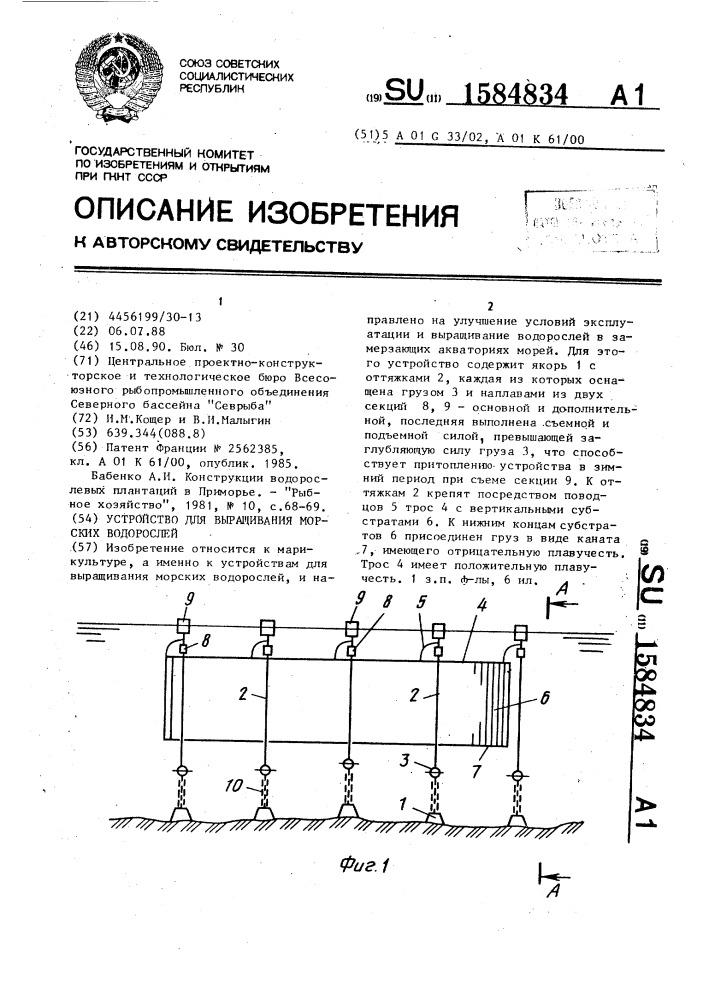 Устройство для выращивания морских водорослей (патент 1584834)