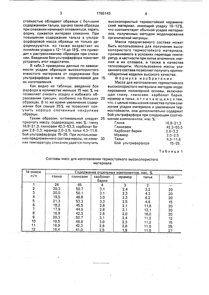 Масса для изготовления термостойкого высокопористого материала методом моделирования полимерной основы (патент 1765143)