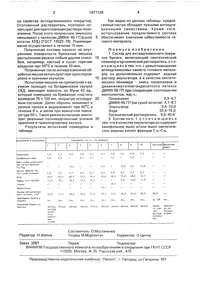 Состав для антиадгезионного покрытия бумаги (патент 1677128)