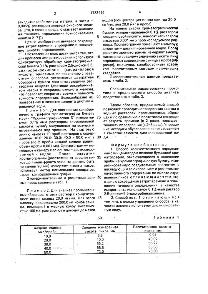 Способ количественного определения свинца методом пиковой бумажной хроматографии (патент 1783419)