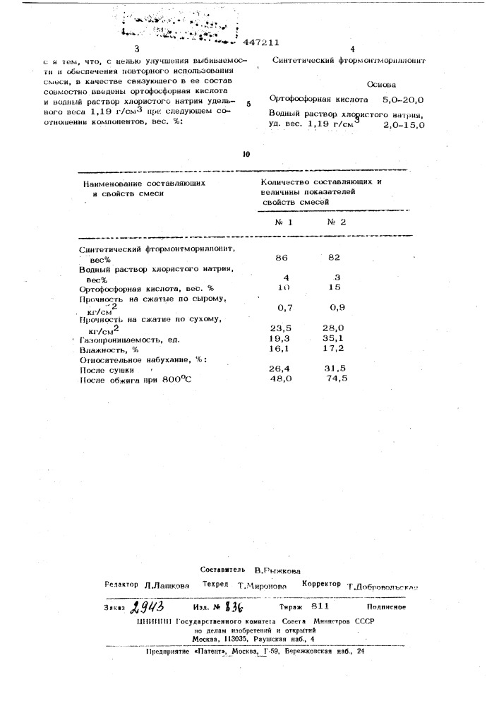 Смесь для литейных стержней (патент 447211)