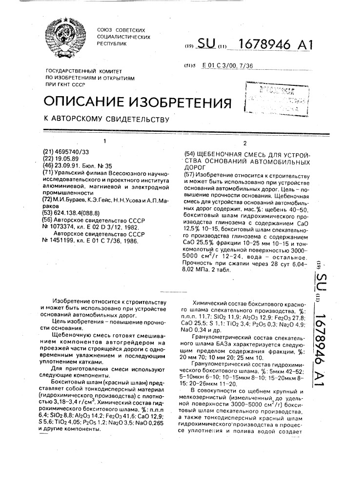 Щебеночная смесь для устройства оснований автомобильных дорог (патент 1678946)