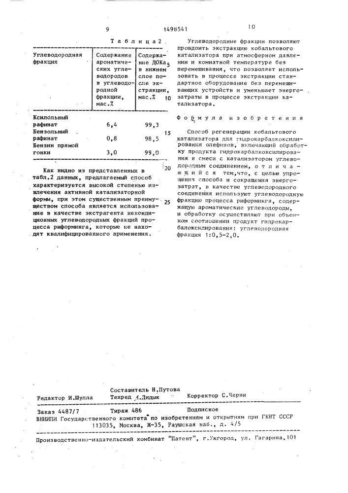 Способ регенерации кобальтового катализатора для гидрокарбалкоксилирования олефинов (патент 1498541)