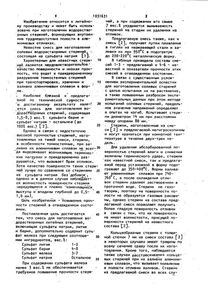 Смесь для изготовления водорастворимых литейных стержней (патент 1031631)