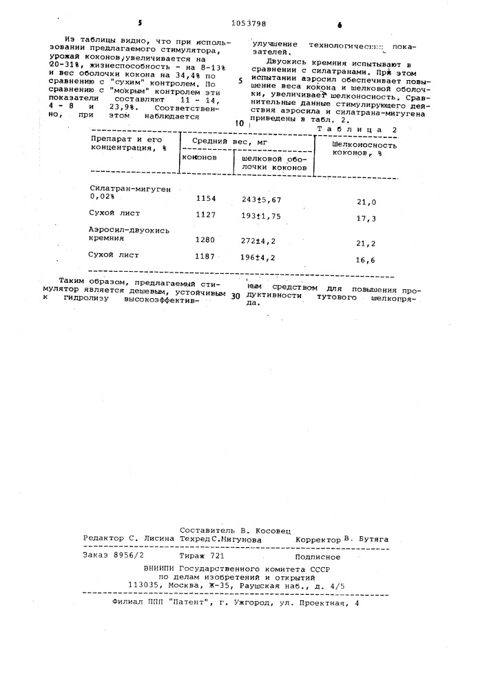 Средство для повышения продуктивности тутового шелкопряда (патент 1053798)