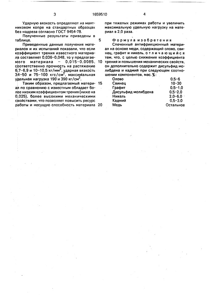 Спеченный антифрикционный материал на основе меди (патент 1659510)