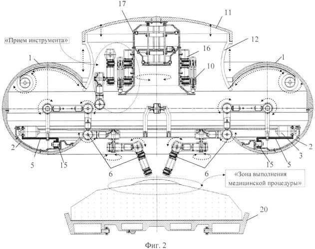 Функциональная структура одновременного возвратно-поступательного разворота группы выдвижных элементов для захвата и удержания диагностических и хирургических корпусов в тороидальной робототехнической системе с выдвижной крышкой (вариант русской логики - версия 3) (патент 2563731)