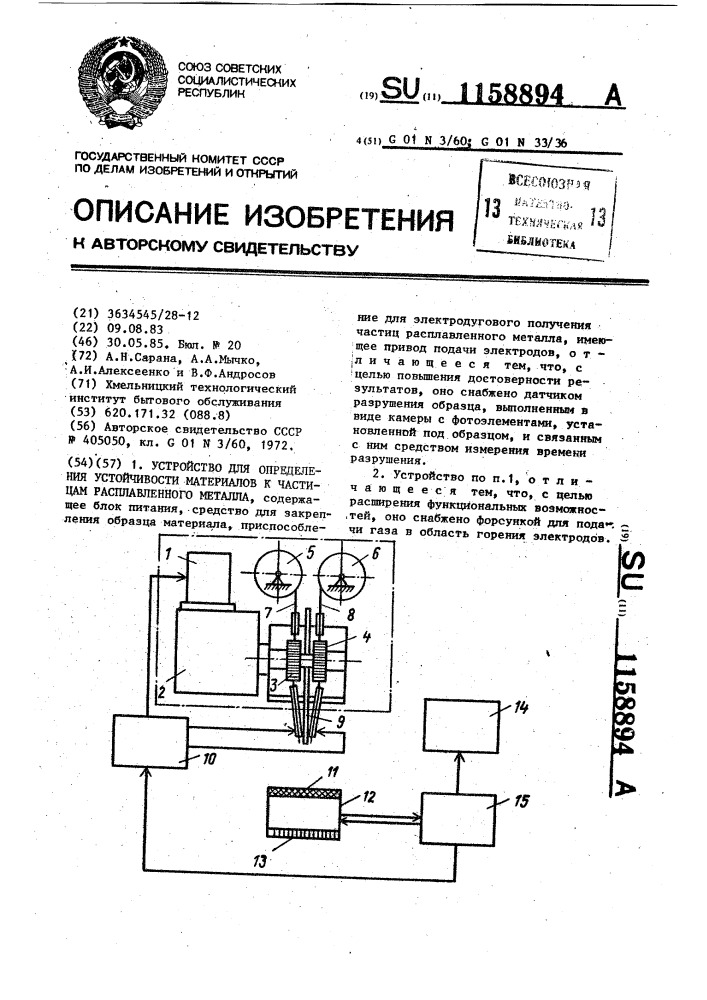 Устройство для определения устойчивости материалов к частицам расплавленного металла (патент 1158894)