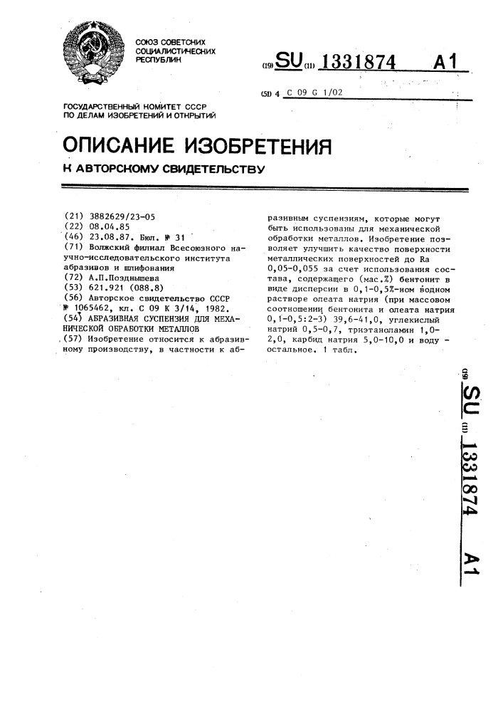 Абразивная суспензия для механической обработки металлов (патент 1331874)