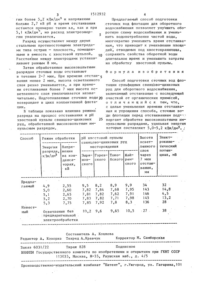 Способ подготовки сточных вод флотации сульфидных свинцово- цинковых руд для оборотного водоснабжения (патент 1512932)