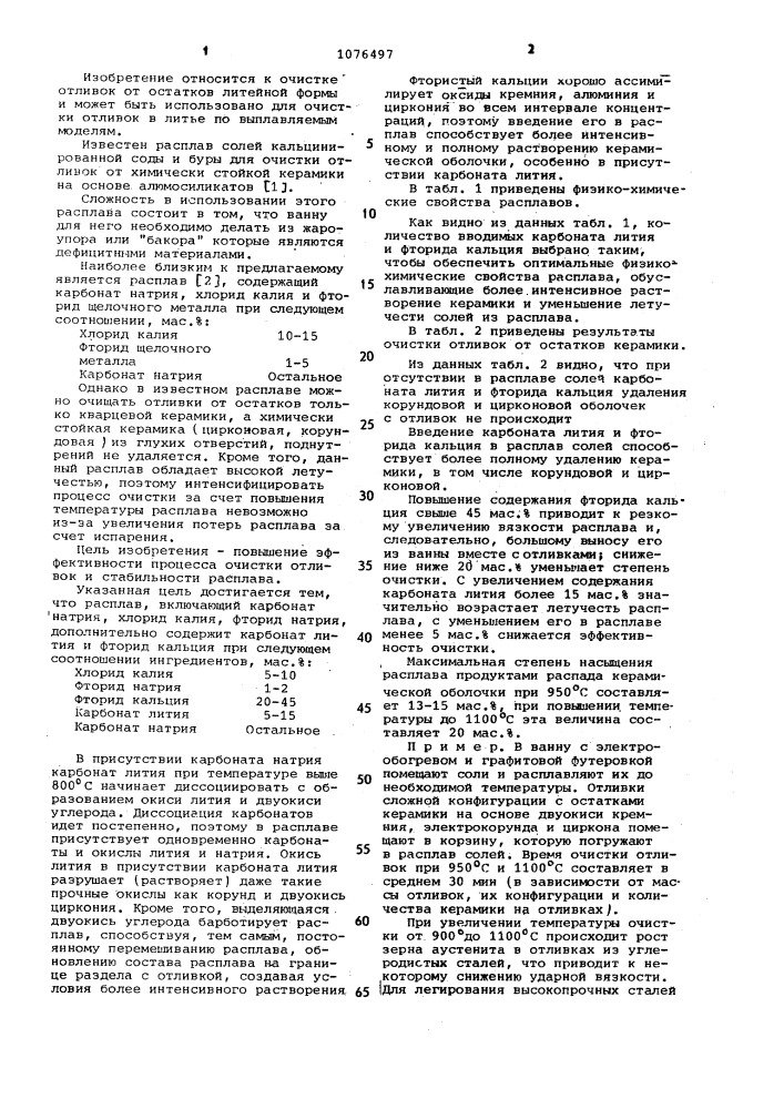 Расплав солей для очистки отливок от керамики (патент 1076497)