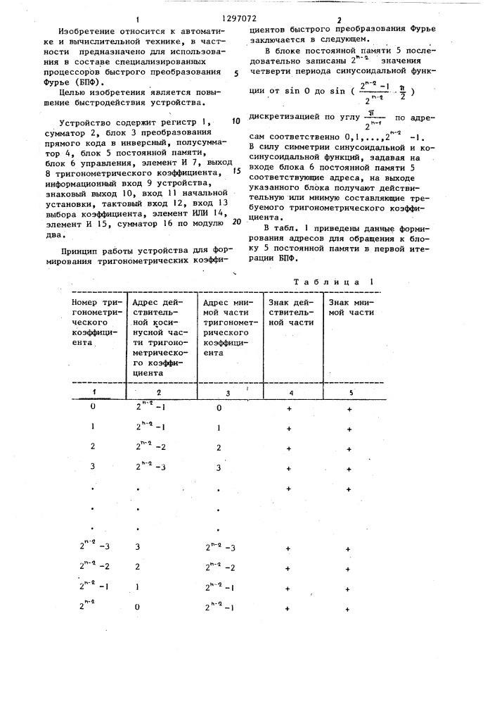 Устройство для формирования тригонометрических коэффициентов быстрого преобразования фурье (патент 1297072)