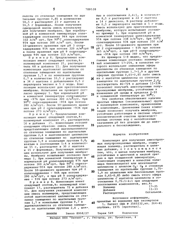 Композиция для получения анизотропных полупроницаемых мембран (патент 789538)