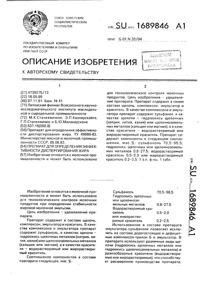 Препарат для определения эффективности диспергирования жира (патент 1689846)