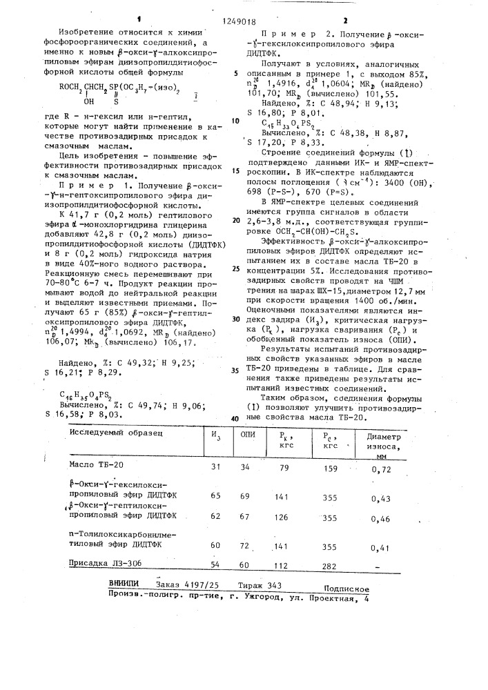 @ -окси- @ -алкоксипропиловые эфиры диизопропилдитиофосфорной кислоты в качестве противозадирной присадки к смазочным маслам (патент 1249018)