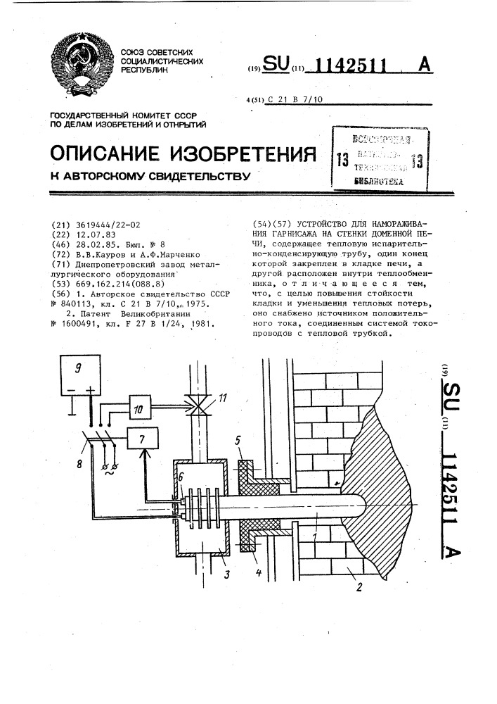 Устройство для намораживания гарнисажа на стенки доменной печи (патент 1142511)