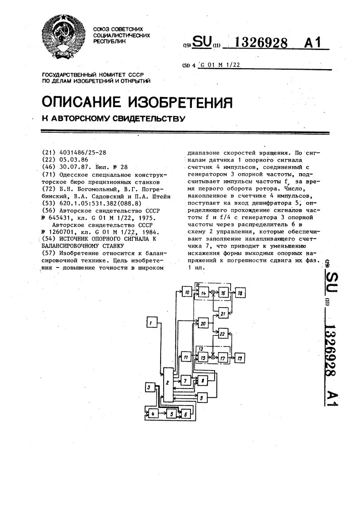 Источник опорного сигнала к балансировочному станку (патент 1326928)