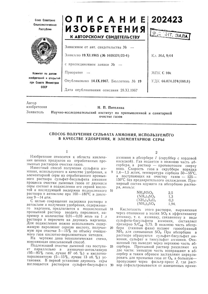 Способ получения сульфата аммония, используел\сгго в качестве удобрения, и элементарной серы (патент 202423)