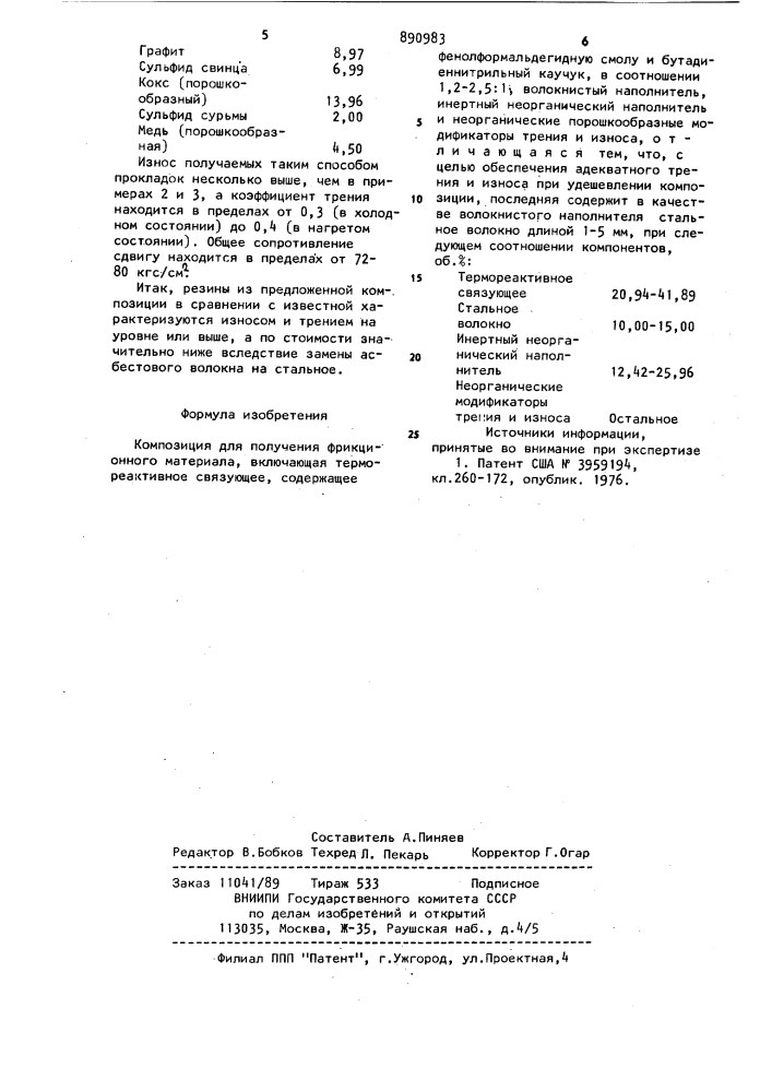 Композиция для получения фрикционного материала (патент 890983)