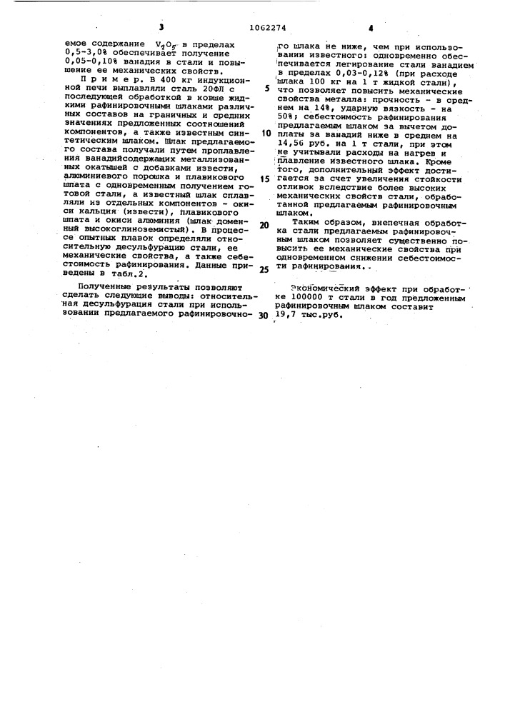 Рафинировочный шлак (патент 1062274)
