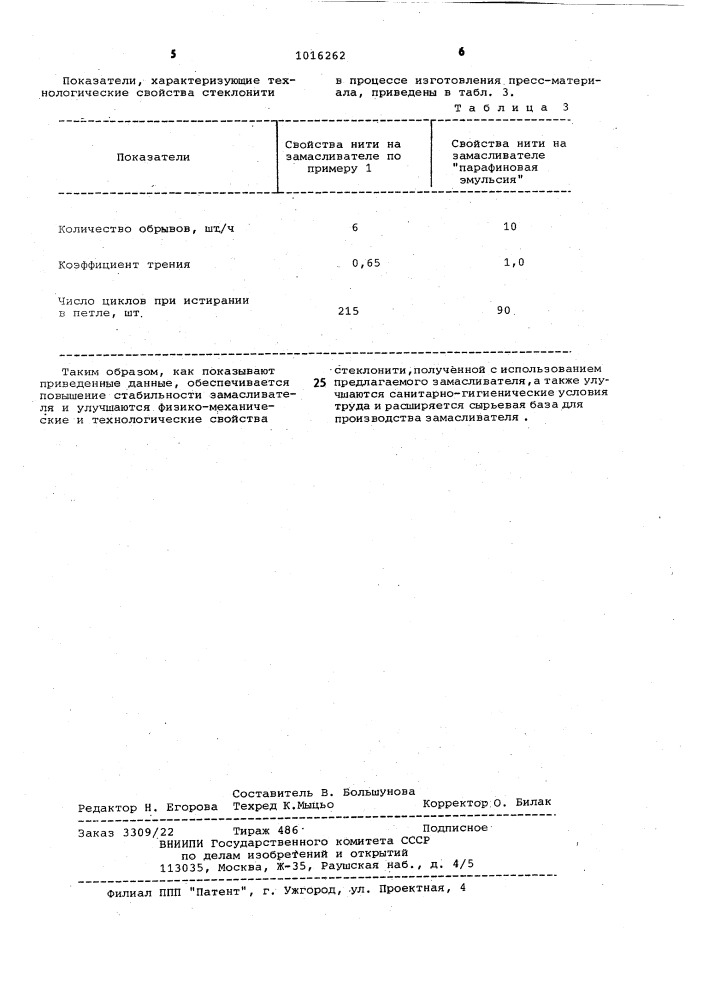 Замасливатель для стекловолокна (патент 1016262)