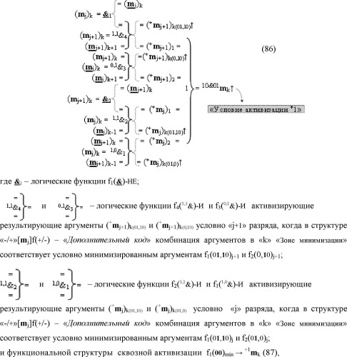 Способ формирования в "k" "зоне минимизации" результирующего аргумента +1mk сквозной активизации f1( 00)min → +1mk для преобразования в соответствии с арифметическими аксиомами троичной системы счисления f(+1,0,-1) структуры аргументов аналоговых сигналов «-/+»[mj]f(+/-), "дополнительный код" в структуру условно минимизированных позиционно-знаковых аргументов аналоговых сигналов ±[mj]fусл(+/-)min и функциональная структура для его реализации (варианты русской логики) (патент 2503124)