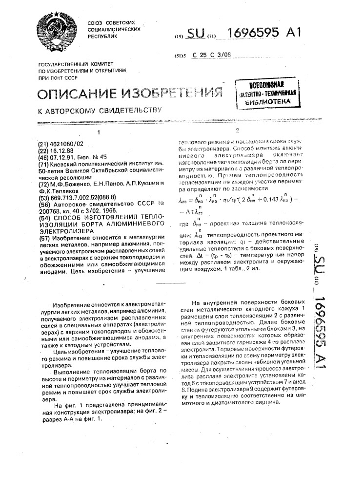 Способ изготовления теплоизоляции борта алюминиевого электролизера (патент 1696595)