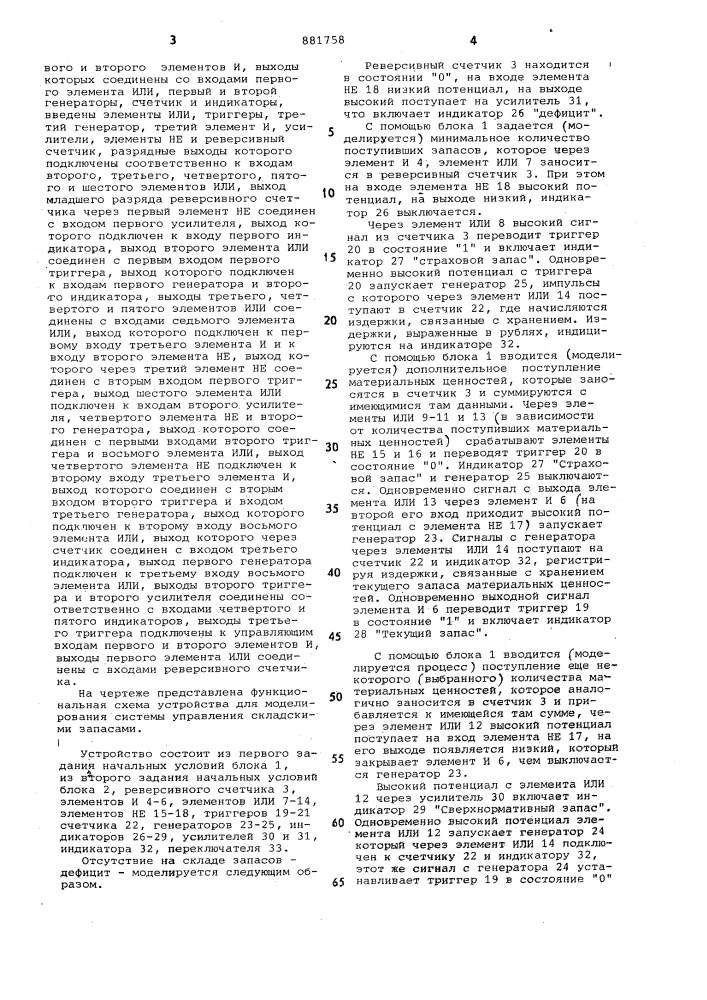Устройство для моделирования системы управления складскими запасами (патент 881758)
