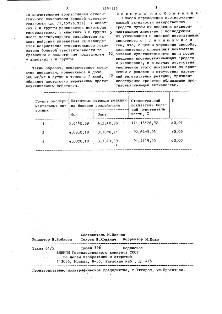 Способ определения противоукачивающей активности лекарственных средств (патент 1291125)