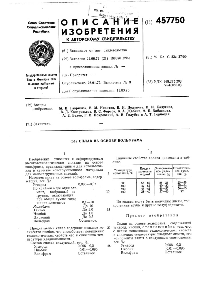 Сплав на основе вольфрама (патент 457750)