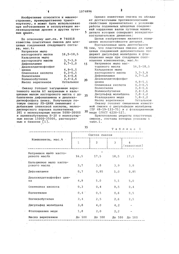 Пластичная смазка для шлицевых соединений (патент 1074896)