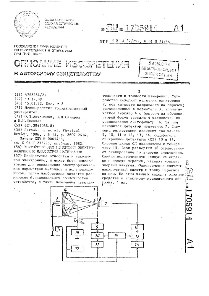 Устройство для измерения электрофизических параметров материалов (патент 1705914)
