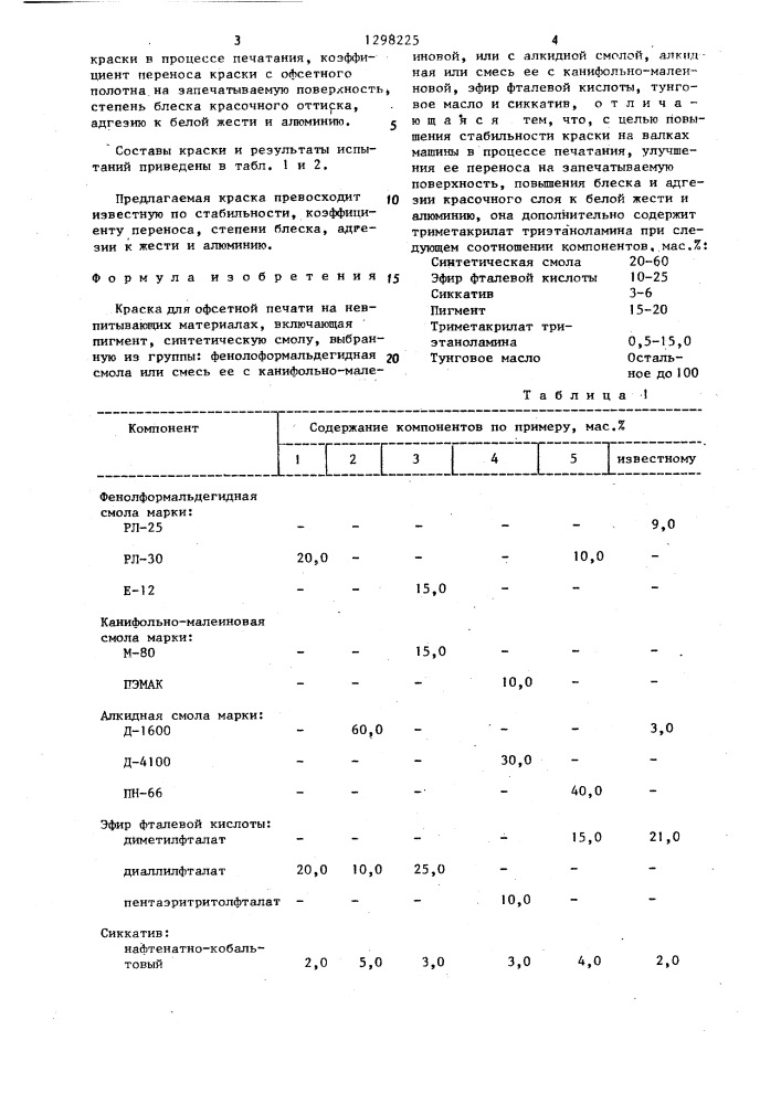 Краска для офсетной печати на невпитывающих материалах (патент 1298225)