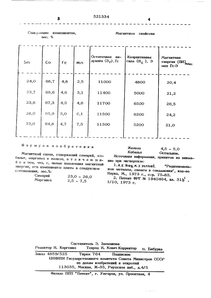 Магнитный сплав (патент 521334)